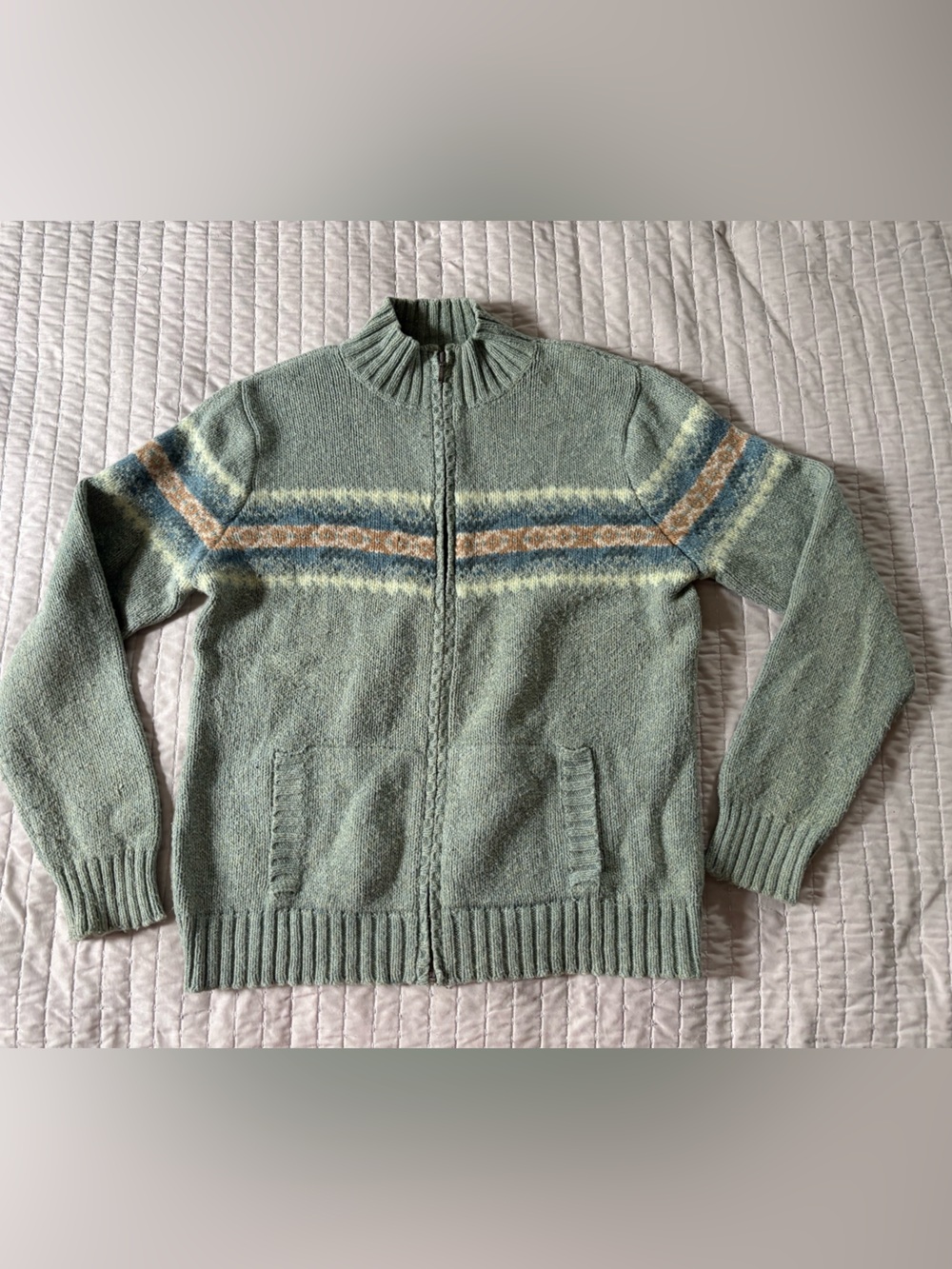 90s Vintage L.L. Bean Green Zip‑Front Cotton & Lambs Wool Cardigan